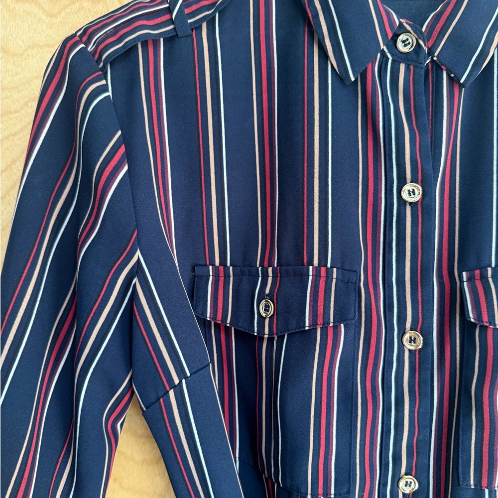 Small Oasis Belted Stripe Retro Shirt Dress Navy Multi Knee Length US 4